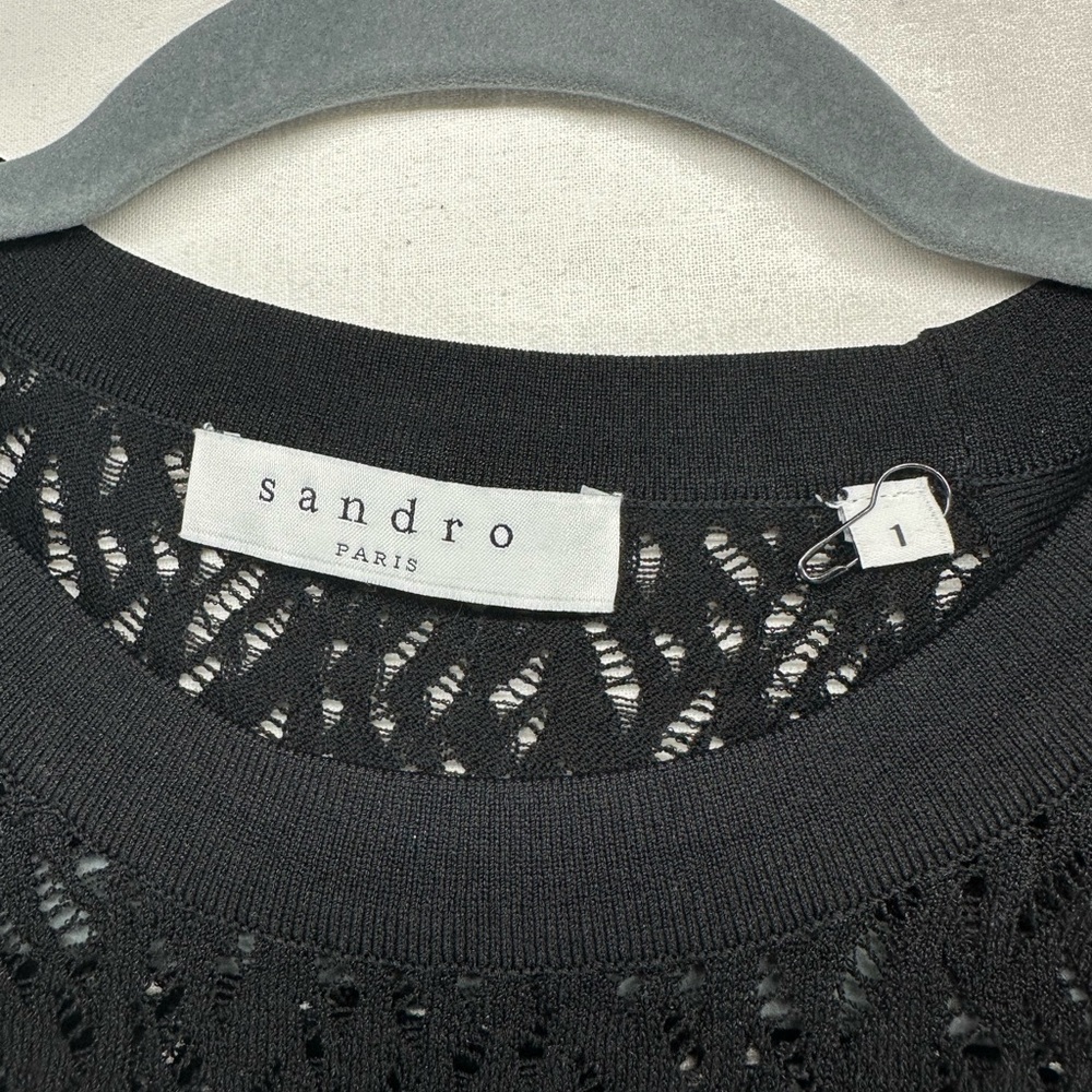 Sandro Open Knit Black Sweater Long Sleeve Cold Shoulder Size 1 Small - Picture 4 of 8